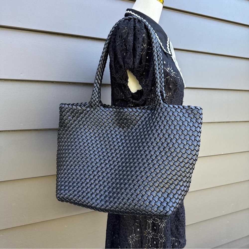 Vegan Leather Black Woven Tote Bag